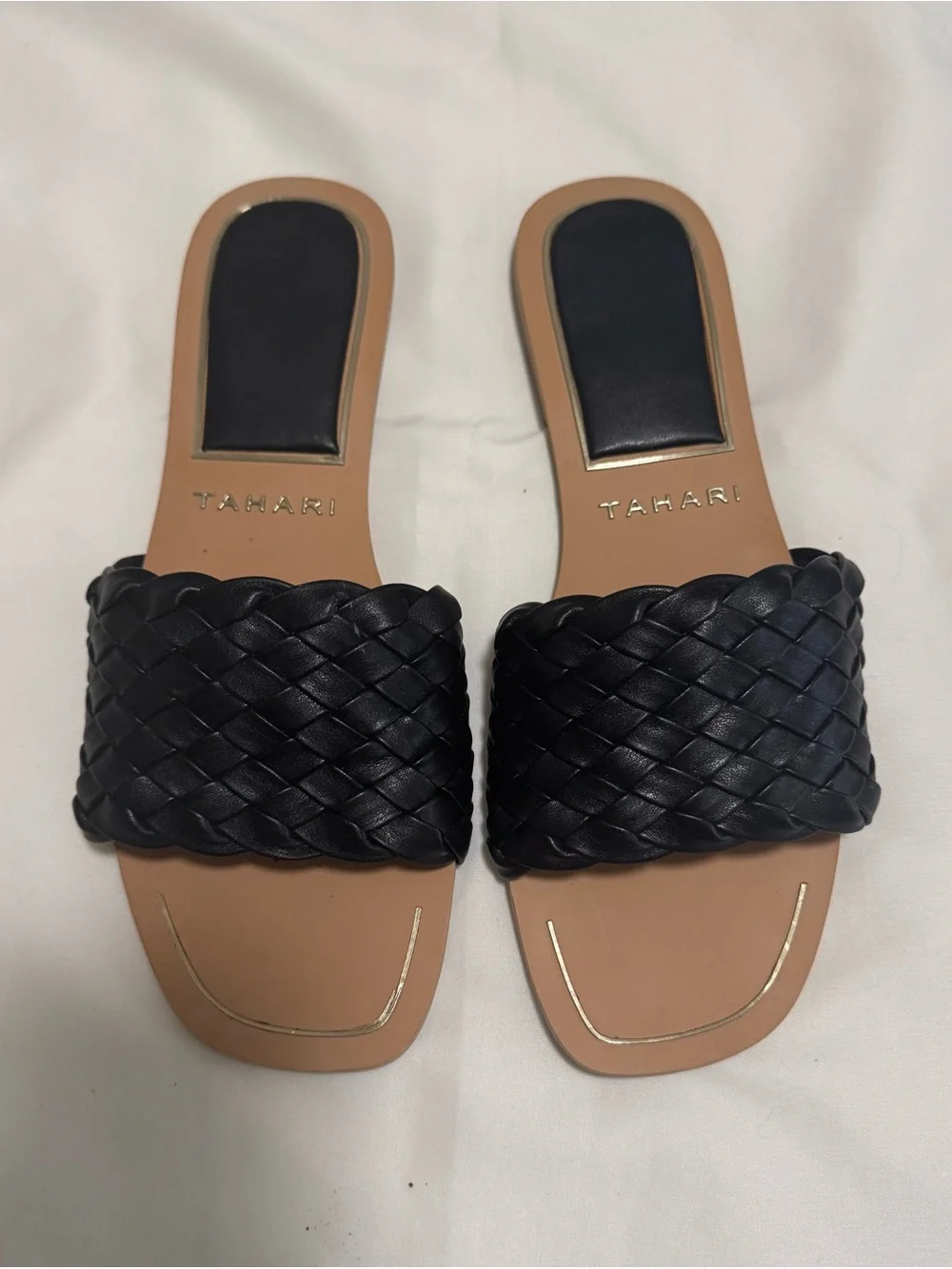 Tahari Black Woven Slide Sandals with Tan Footbed